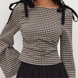 Cider Gingham Bowknot Ruched Long Sleeve - Coffee XS